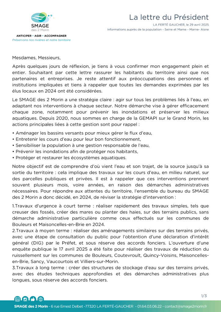 Lettre du Président 29 avril 2025