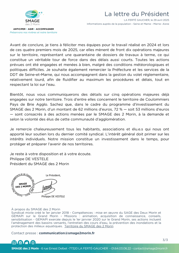 Lettre du Président 29 avril 2025